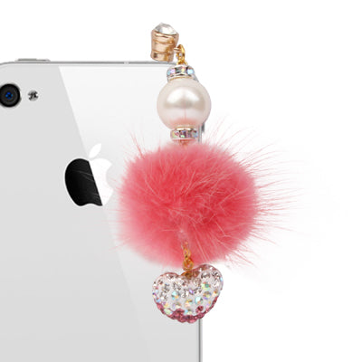 Fashion Diamond Heart & Plush Ball Style Earphone Dock Port Anti-dust Plug for iPhone 4S / 4 / iPod / iPad