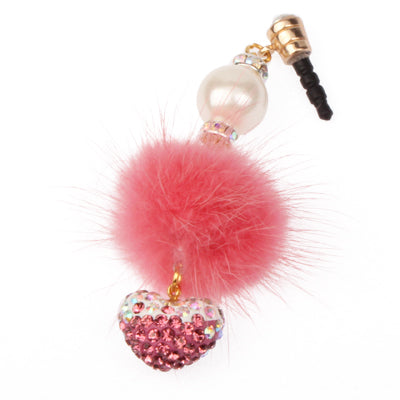 Fashion Diamond Heart & Plush Ball Style Earphone Dock Port Anti-dust Plug for iPhone 4S / 4 / iPod / iPad
