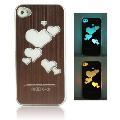 Hollow Heart Pattern LED Changed Sense Flash Light Effect Pasting Metal Plastic Case for iPhone 4 & 4S