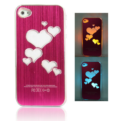 Hollow Heart Pattern LED Changed Sense Flash Light Effect Pasting Metal Plastic Case for iPhone 4 & 4S