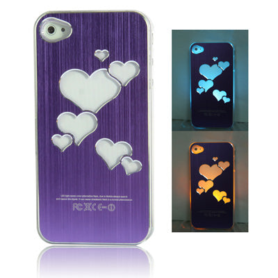 Hollow Heart Pattern LED Changed Sense Flash Light Effect Pasting Metal Plastic Case for iPhone 4 & 4S