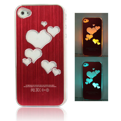 Hollow Heart Pattern LED Changed Sense Flash Light Effect Pasting Metal Plastic Case for iPhone 4 & 4S