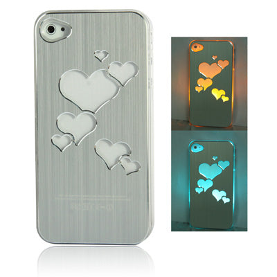 Hollow Heart Pattern LED Changed Sense Flash Light Effect Pasting Metal Plastic Case for iPhone 4 & 4S