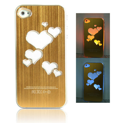 Hollow Heart Pattern LED Changed Sense Flash Light Effect Pasting Metal Plastic Case for iPhone 4 & 4S