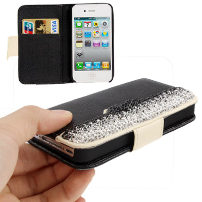 Diamond Encrusted Litchi Texture Horizontal Flip Leather Case with Credit Card Slots for iPhone 4 & 4S