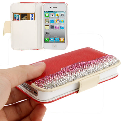 Diamond Encrusted Litchi Texture Horizontal Flip Leather Case with Credit Card Slots for iPhone 4 & 4S