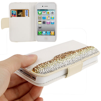 Diamond Encrusted Litchi Texture Horizontal Flip Leather Case with Credit Card Slots for iPhone 4 & 4S