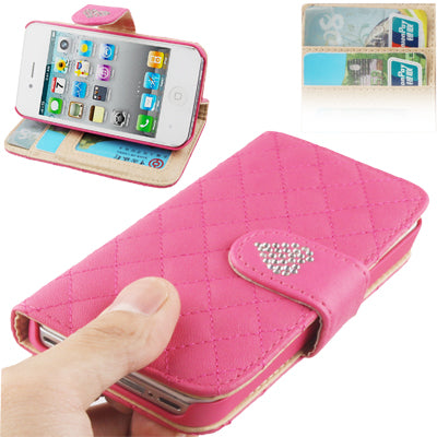 Plaid Texture Diamond Encrusted Button Flip Soft Leather Case with Credit Card Slots & Holder for iPhone 4 & 4S(Magenta)