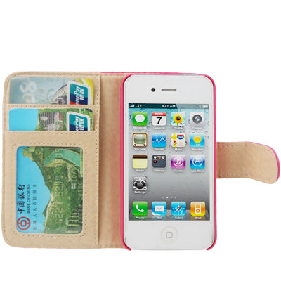 Plaid Texture Diamond Encrusted Button Flip Soft Leather Case with Credit Card Slots & Holder for iPhone 4 & 4S(Magenta)