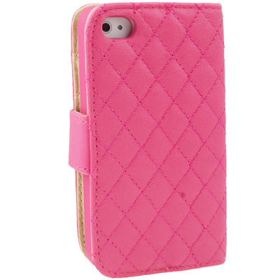 Plaid Texture Diamond Encrusted Button Flip Soft Leather Case with Credit Card Slots & Holder for iPhone 4 & 4S(Magenta)