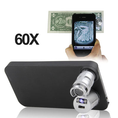 60X Mini Digital Microscope Magnification with 2 LED Lights / UV Light / Plastic Case for iPhone 4 & 4S(Black)