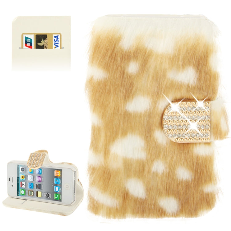 Spots Texture Diamond Encrusted Winter Warm Fur Leather Case with Credit Card Slot & Holder for iPhone 4 & 4S