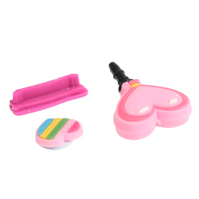 3-in-1 Cute Heart Style Earphone Dock Port Anti-dust Plug Stopper Button Sticker Set for iPhone 4S / 4 / iPod / iPad