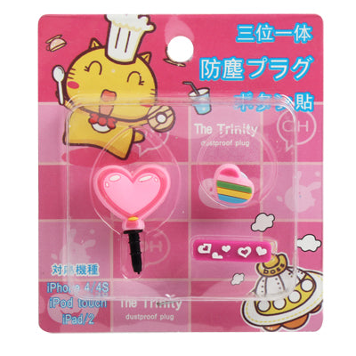 3-in-1 Cute Heart Style Earphone Dock Port Anti-dust Plug Stopper Button Sticker Set for iPhone 4S / 4 / iPod / iPad