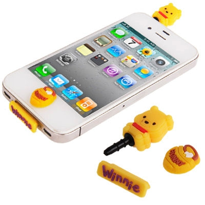 3-in-1 Cute Winnie The Pooh Style Earphone Dock Port Anti-dust Plug Stopper Button Sticker Set for iPhone 4S / 4 / iPod / iPad