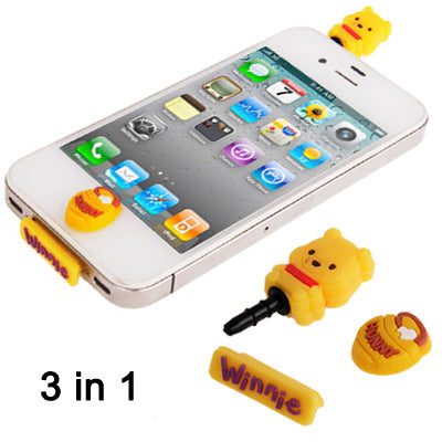 3-in-1 Cute Winnie The Pooh Style Earphone Dock Port Anti-dust Plug Stopper Button Sticker Set for iPhone 4S / 4 / iPod / iPad