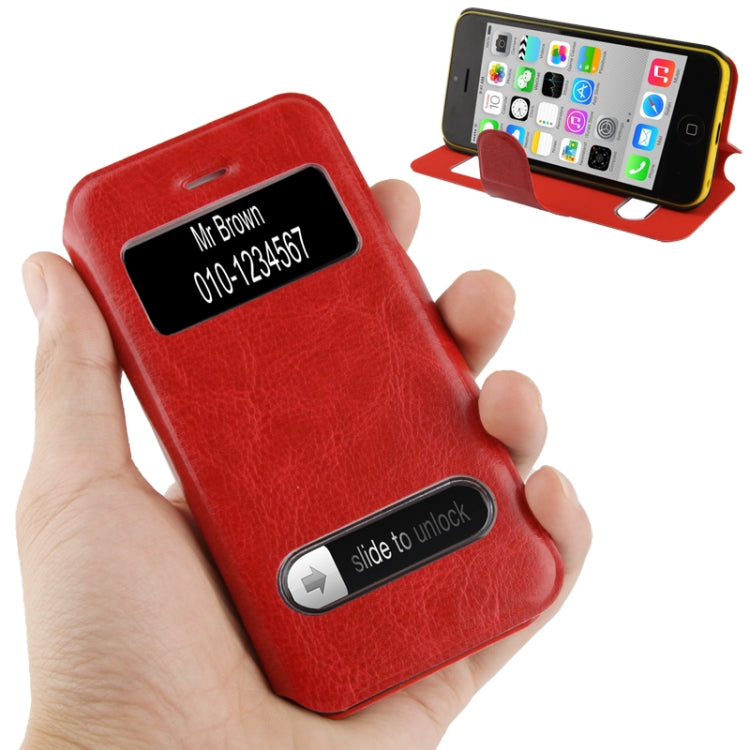 Crazy Horse Texture Leather Case with Call Display ID & Holder for iPhone 5C(Red)