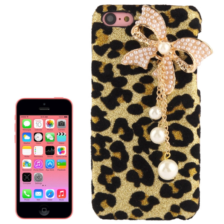 3D Pearl Bowknot Encrusted Leopard Pattern Shimmering Powder Plastic Case for iPhone 5C