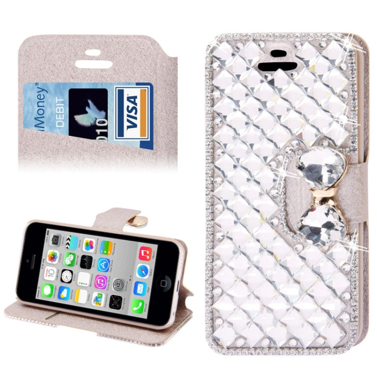 Bowknot Magnetic Buckle Diamond Encrusted Horizontal Flip Leather Case with Credit Card Slots & Holder for iPhone 5C (Light Golden)