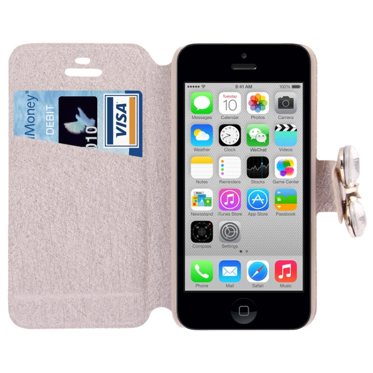 Bowknot Magnetic Buckle Diamond Encrusted Horizontal Flip Leather Case with Credit Card Slots & Holder for iPhone 5C (Light Golden)