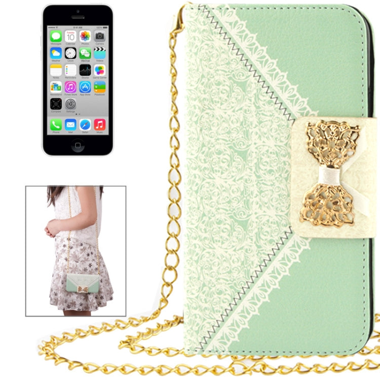 Flower Pattern Bowknot Button Flip Leather Case with Card Slots & Lanyards for iPhone 5C