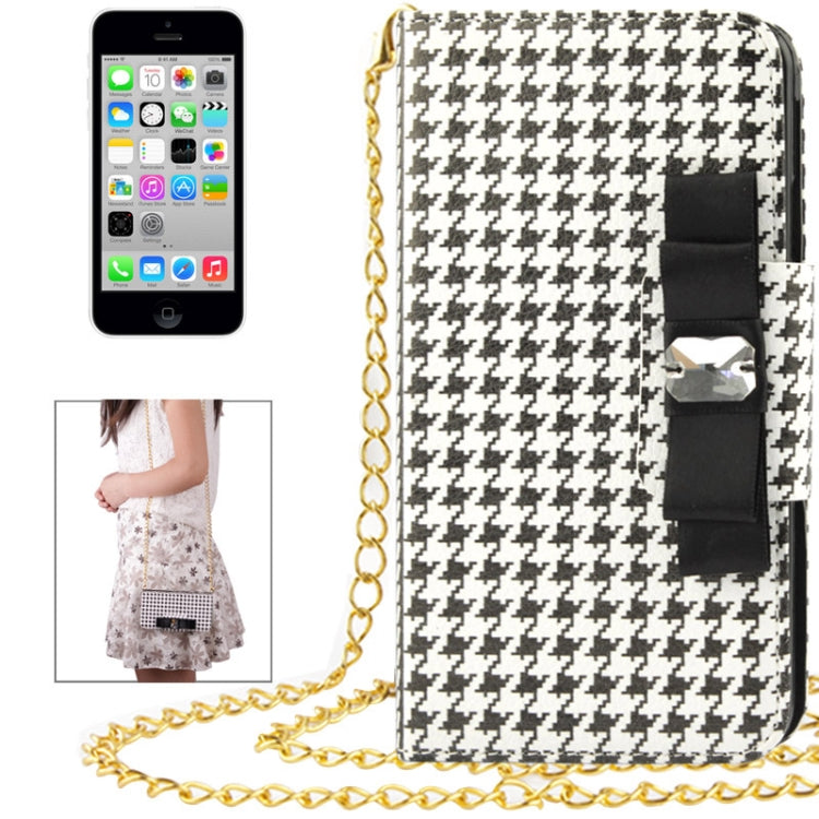 Plaid Pattern Crystal Bowknot Button Flip Leather Case with Card Slots & Lanyards for iPhone 5C