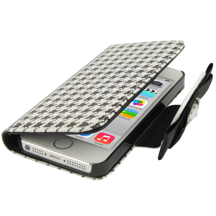 Plaid Pattern Crystal Bowknot Button Flip Leather Case with Card Slots & Lanyards for iPhone 5C