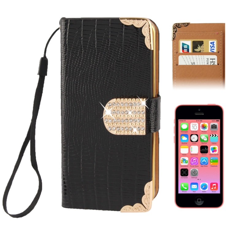 High Quality Lizard Texture Diamond Button Horizontal Flip Leather Case with Credit Card Slots & Lanyard for iPhone 5C