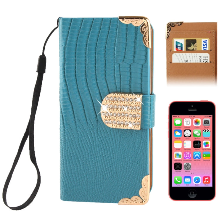 High Quality Lizard Texture Diamond Button Horizontal Flip Leather Case with Credit Card Slots & Lanyard for iPhone 5C