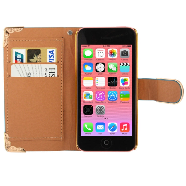 High Quality Lizard Texture Diamond Button Horizontal Flip Leather Case with Credit Card Slots & Lanyard for iPhone 5C
