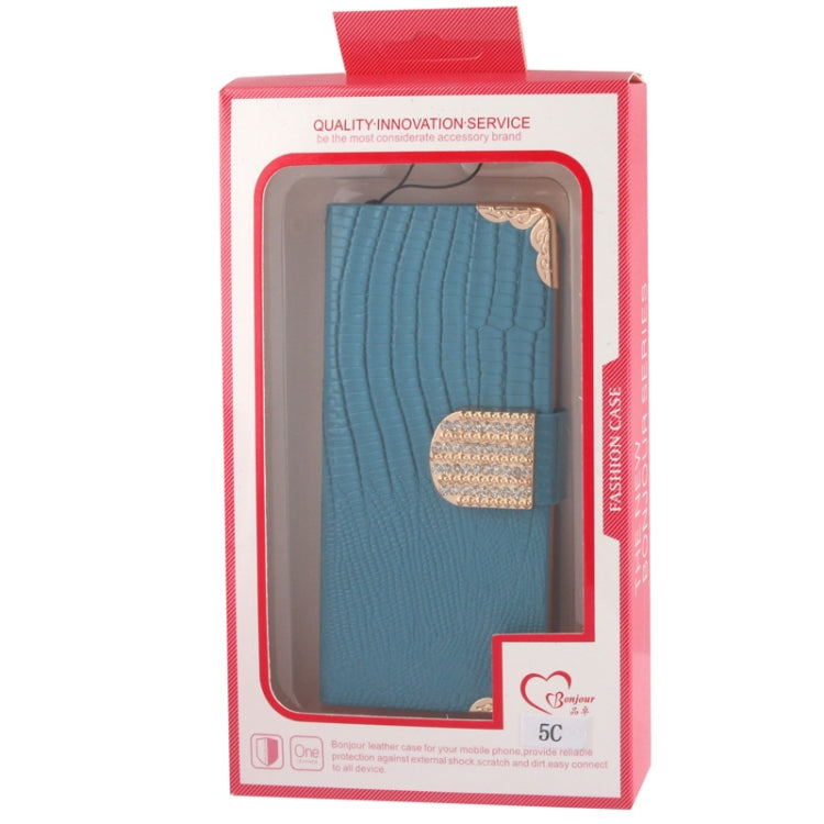 High Quality Lizard Texture Diamond Button Horizontal Flip Leather Case with Credit Card Slots & Lanyard for iPhone 5C