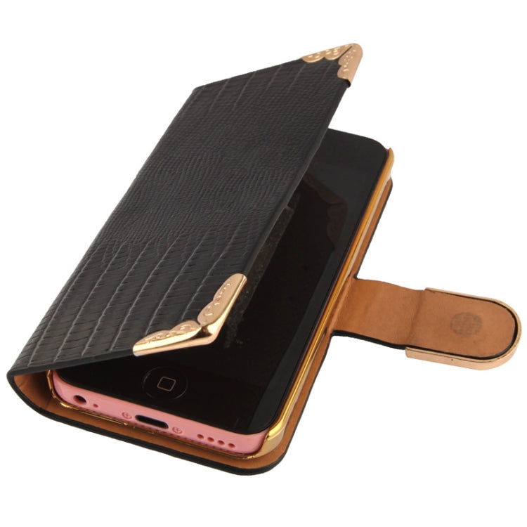 High Quality Lizard Texture Diamond Button Horizontal Flip Leather Case with Credit Card Slots & Lanyard for iPhone 5C