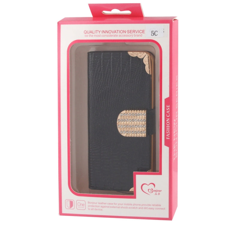 High Quality Lizard Texture Diamond Button Horizontal Flip Leather Case with Credit Card Slots & Lanyard for iPhone 5C