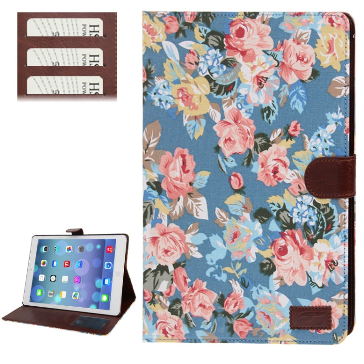 Peony Pattern Denim Texture Leather Case with Credit Card Slots & Holder & Sleep / Wake-up Function for iPad Air (Blue)