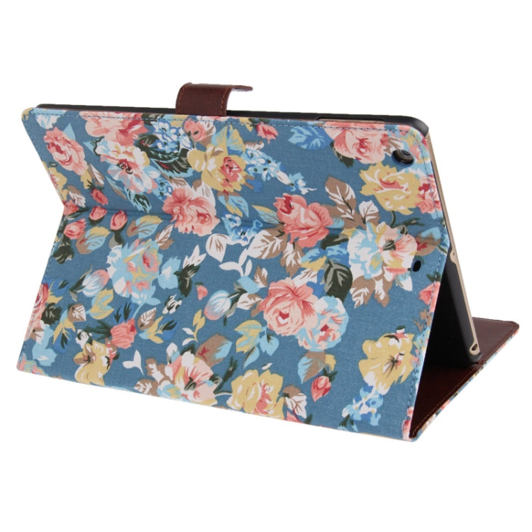 Peony Pattern Denim Texture Leather Case with Credit Card Slots & Holder & Sleep / Wake-up Function for iPad Air (Blue)