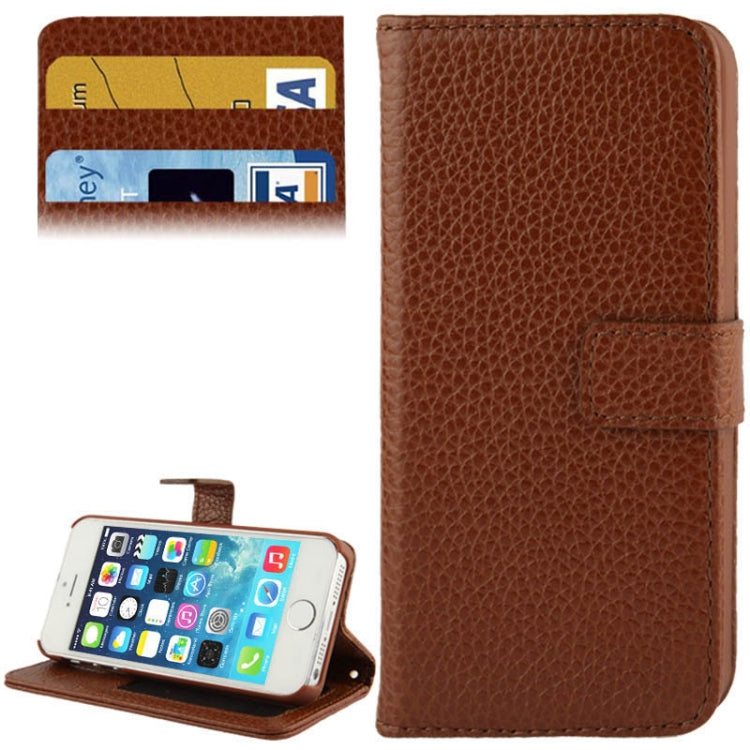 Litchi Texture Horizontal Flip Top-grain Genuine Leather Case with Credit Card Slots & Holder for iPhone 5 & 5s & SE & SE