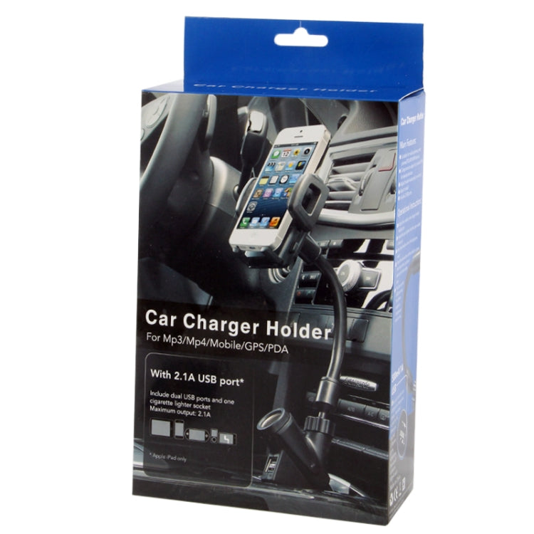 Universal 360 Degree Rotatable Car Charger Holder with Dual USB Ports, Width: 35-85mm, For iPhone, Galaxy, Huawei, Xiaomi, LG, HTC and Other Smart Phones(Black)