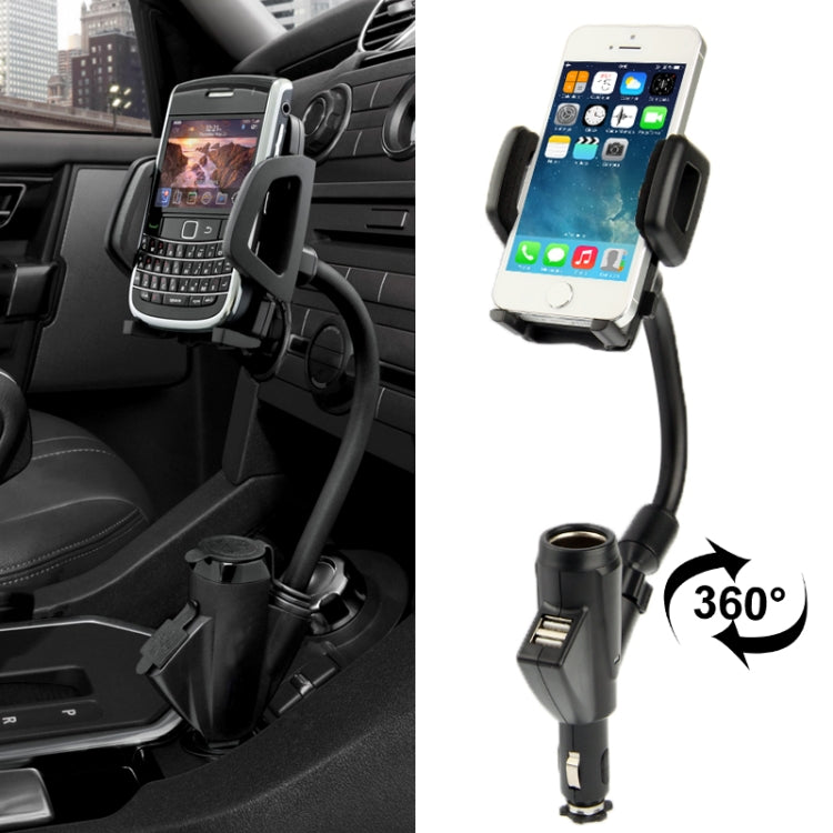 Universal 360 Degree Rotatable Car Charger Holder with Dual USB Ports, Width: 35-85mm, For iPhone, Galaxy, Huawei, Xiaomi, LG, HTC and Other Smart Phones(Black)