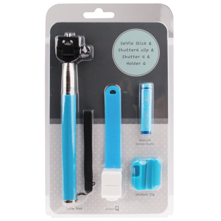 4 in 1 Portable Bluetooth Remote Shutter and Monopod, Including Selfie Stick & Shutter 4 Clip & Shutter 4 & Holder Q(Blue)