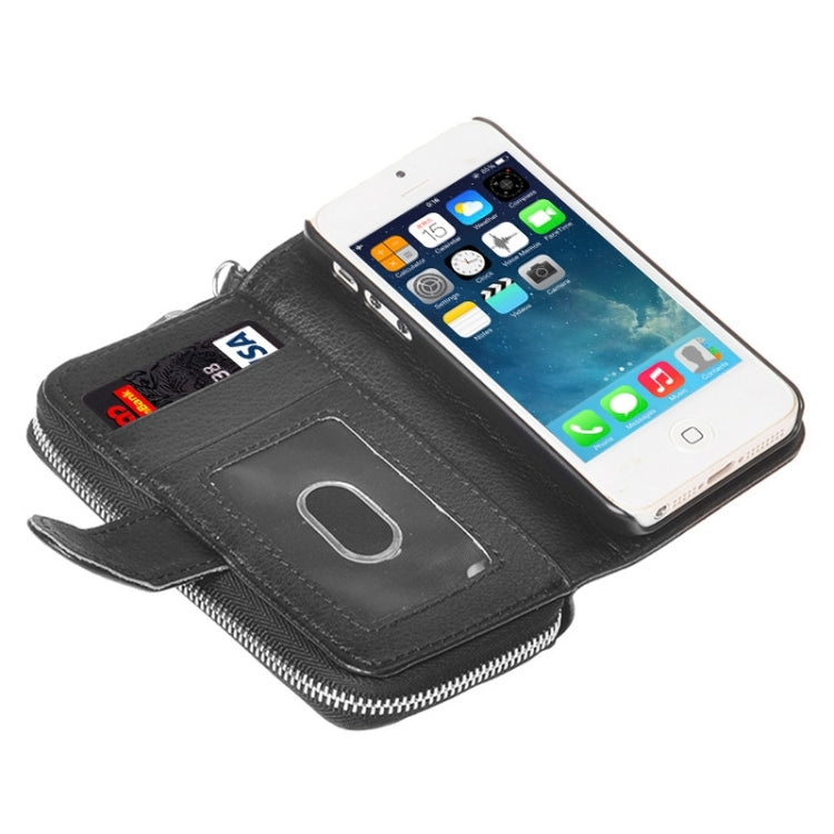 Zipper Wallet Leather Case with Lanyard for iPhone 5 & 5