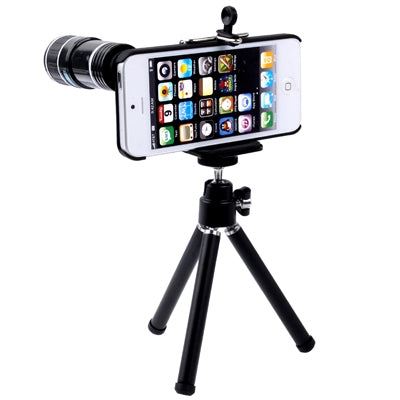 12X Optical Zoom Lens Mobile Phone Telescope Lens with Tripod + Plastic Case for iPhone 5(Black)