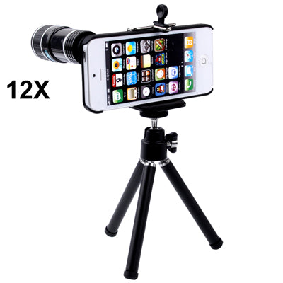 12X Optical Zoom Lens Mobile Phone Telescope Lens with Tripod + Plastic Case for iPhone 5(Black)