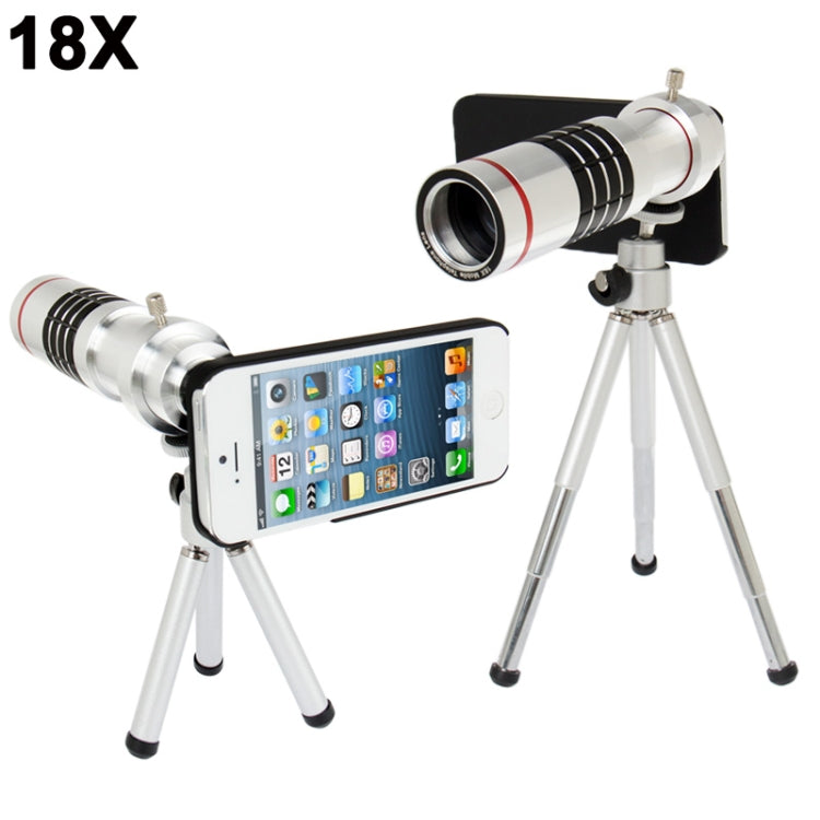 18X Optical Zoom Mobile Phone Telescope Lens with Tripod + Plastic Case for iPhone 5(Silver)