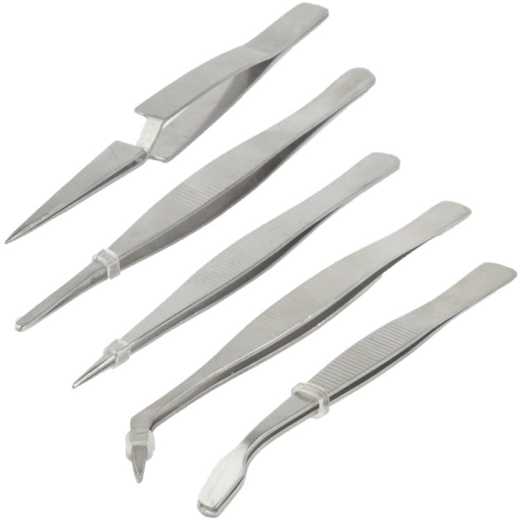 High-precision Electronic Stainless Steel Elbow & Straight Tweezers, include 5 kind of Tweezers(Silver)