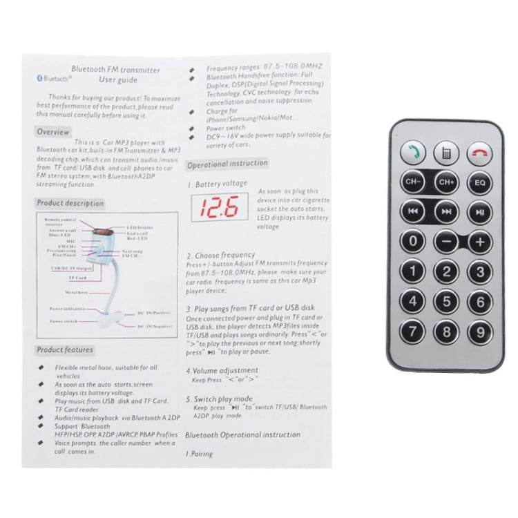 MP3 Player Bluetooth Handsfree FM Transmitter with Remote Control, Support TF Card and USB Port(White)