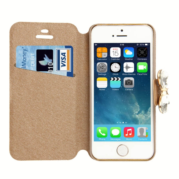 Hairline Texture Bowknot Magnetic Buckle Diamond Horizontal Flip Leather Case with Card Slot & Holder for iPhone 5 & 5s & SE & SE