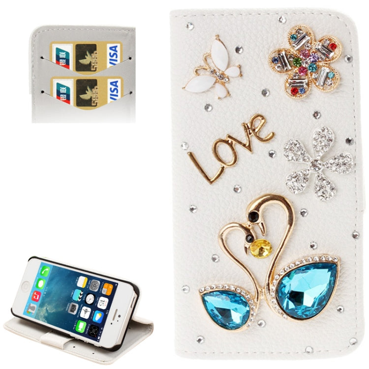DIY 3D Swan Diamond Encrusted Leather Case with Credit Card Slots & Holder for iPhone 5 & 5s & SE & SE (White)