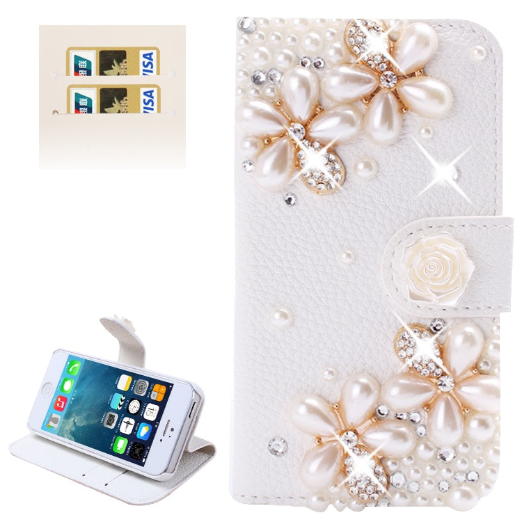 DIY 3D Pearl Flower Diamond Encrusted Leather Case with Credit Card Slots & Holder for iPhone 5 & 5s & SE & SE (White)