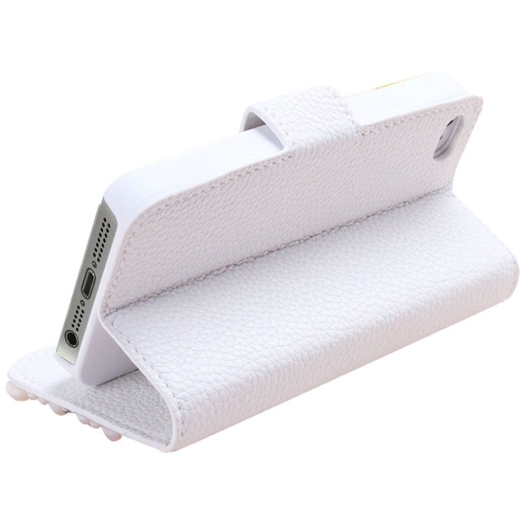 DIY 3D Pearl Flower Diamond Encrusted Leather Case with Credit Card Slots & Holder for iPhone 5 & 5s & SE & SE (White)