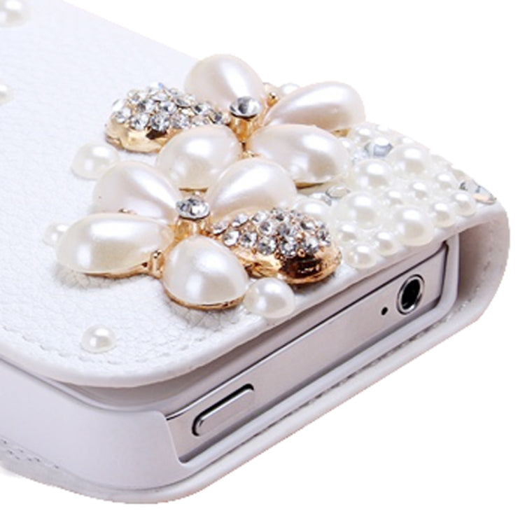 DIY 3D Pearl Flower Diamond Encrusted Leather Case with Credit Card Slots & Holder for iPhone 5 & 5s & SE & SE (White)